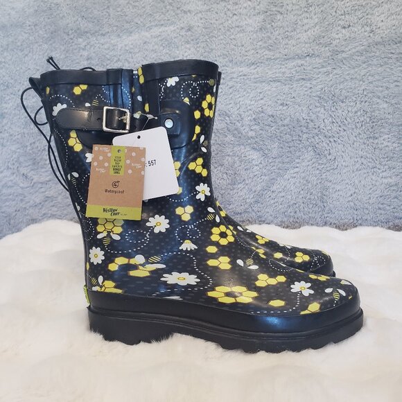 Western Chief Women's Rain Boots Bloom Bees Mid Size 7 New NWT 2110557P Whimsy - Picture 1 of 7